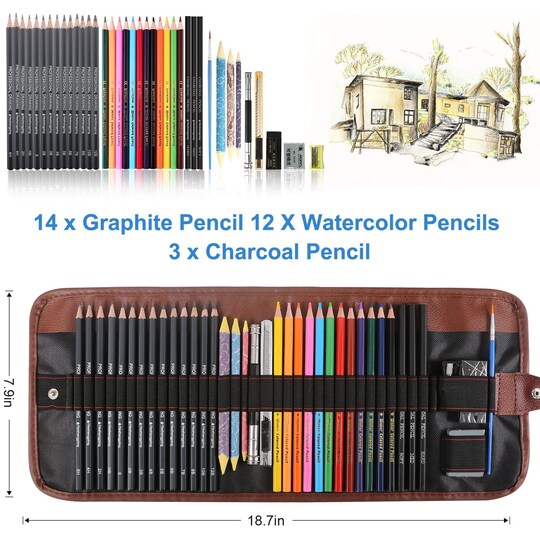 Heshengping; 39 Pieces Sketching Pencil Set Drawing Pen Charcoal Sketch Kit Cover Graphite Pencils Charcoal Pencils Watercolor Pencils Paper Erasable Pen Beginners Artist Children and Adults(Art Supplies); Category:Drawing Tools & Accessories; Image:1